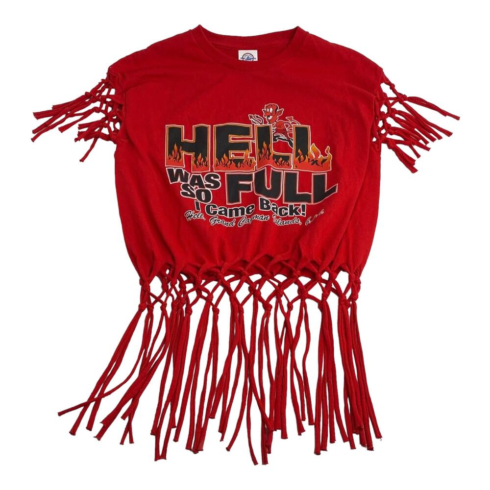 Vintage Hell Was Full Grand Cayman Islands T Shirt Women's M Red Crop Tied Hip